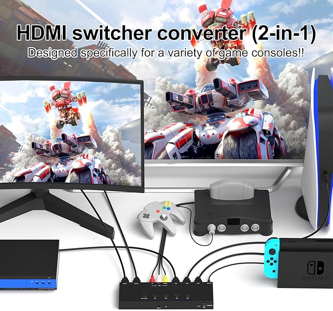 RuiPuo 4In to 2Out HDMI/AV Switch (1 AV Input+3 HDMI 2.0 Inputs) RCA to 2Port HDMI Converter for PS1/2/3/4/5, N64, SNES, Switch, DVD, Roku etc.