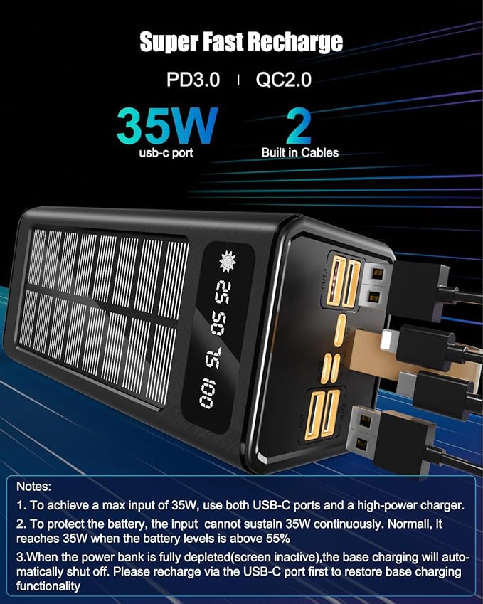 Feidyns 90000mAh Solar Battery Charger, 35W Fast Charging Solar Power Bank,Built-in USB-C/Lightning Cables for Camping,Travel,Emergencies,Tech Devices| 9-Port PD/USB-C, LED Flashlight