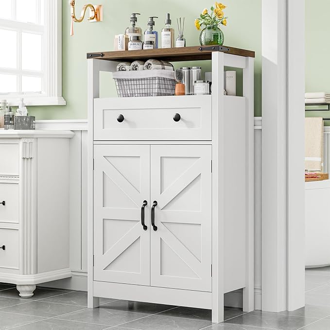 Farmhouse Bathroom Storage Cabinet with Barn Doors, Bathroom Storage Organizer with Drawers, Rustic Freestanding Floor Cabinet for Kitchen, Living Room, White