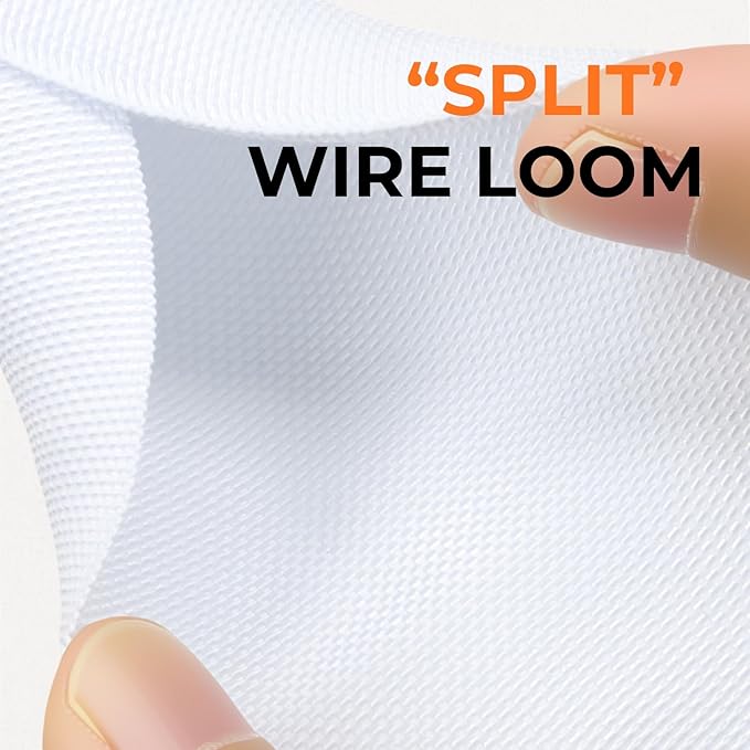 Holed 3/4 inch Split Braided Cable Management Sleeve for USB Cable Power Cord Audio Video Cable, High-Temperature Automotive Harness Wire Loom Cord Protector from Cat Dog Chewing (White, 10FT)