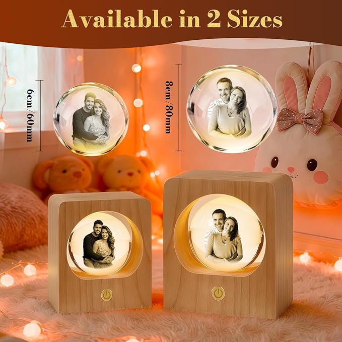 Gloryage Personalized 3D Crystal Photo Lamp – Custom Engraved Memory Ball with Warm LED Light and Wood Base, Ideal Gift for Anniversary, Wedding, Birthday, Valentine's Day, Pet Memorial