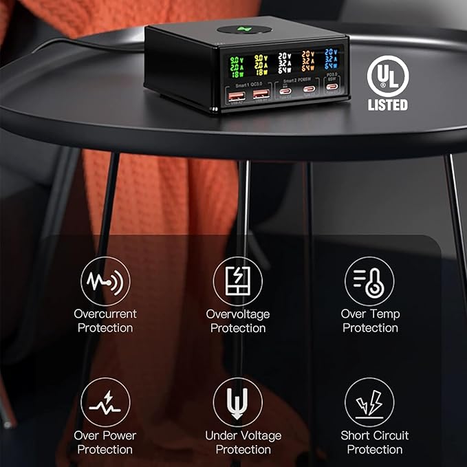 USB Charger Station Multi Port: Desktop 160W Power Fast Charging Hub Wall Block PD 3.0 – 5 Ports with Wireless Pad & Digital Display
