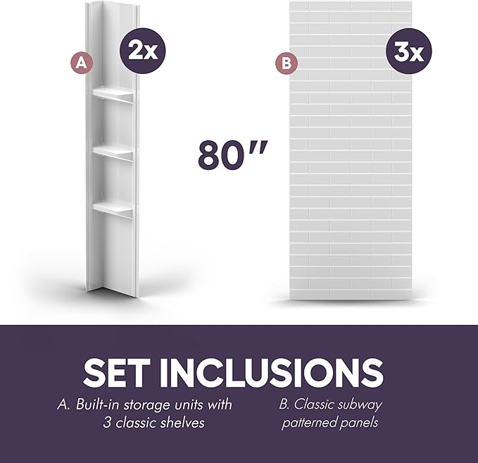 White Acrylic Shower Wall Surround 36"x 60"x 80" - Waterproof, Easy-to-Install, Two Shelf Units Kit Included - Shower Wall Surround Panels - Subway Tiles Pattern, Classic Shelves