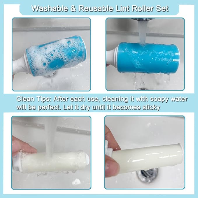 Reusable Washable Lint Roller 4 Pack, Sticky Gel Lint Rollers, Cat Dog Pet Hair Lint Remver Cleaner for Clothes, Carpet, Travel, 2 Large Roller with Dust Cover and 2 Mini, Portable Small Lint Brush