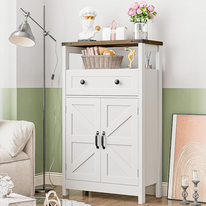 Farmhouse Bathroom Storage Cabinet with Barn Doors, Bathroom Storage Organizer with Drawers, Rustic Freestanding Floor Cabinet for Kitchen, Living Room, White