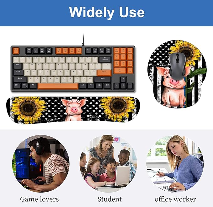 Keyboard Wrist Rest + Mouse Pad Wrist Support Set with Coasters, Non-Slip PU Base Ergonomic Mousepad for Home Office Working Studying Easy Typing & Pain Relief, American Flag Sunflower and Cute Pig