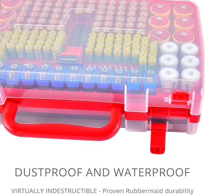 Aptbyte Battery Organizer Storage Holder Box Case with Tester- 269 Batteries Double-Sided Variety Pack, Holds AA AAA 4A C D Cell 9V 3V Lithium LR44 CR2 CR123 CR1632 18650 Button- Red (Box Only)