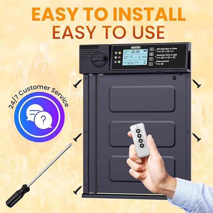 Okköbi Automatic Chicken Coop Door PRO - Light Sensor & Timer - Anti-Pinch Function - Wide Opening - New Model - Solar Powered with LCD Display - 5 Year Protection