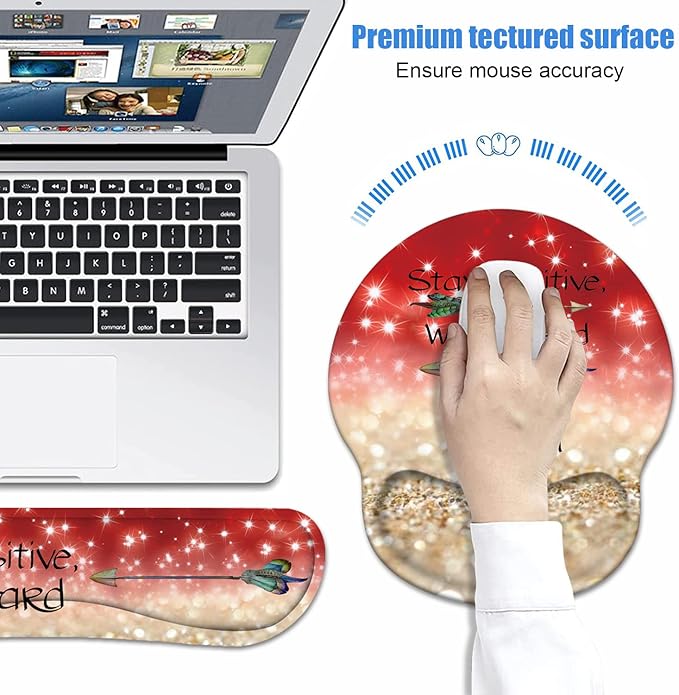 Keyboard Wrist Rest + Mouse Pad Wrist Support Set with Coasters, Stay Positive Work Hard and Make It Happen Inspirational Quote Wrist Mouse Pad with Non-Slip PU Base for Home Office Working Studying