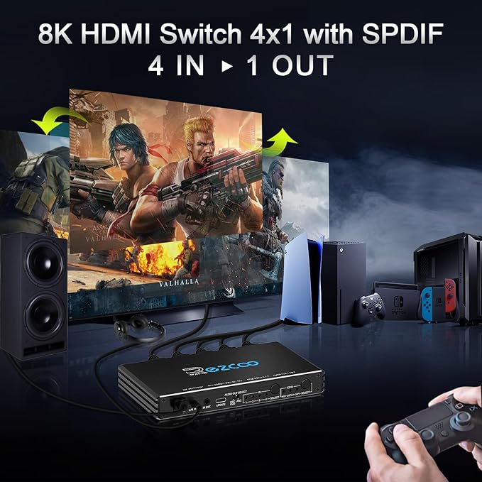HDMI Switch 8K 4x1 120Hz 48Gbp, HDCP 2.3,ARC,VRR,CEC,HDMI Switcher 4 in 1 Out,4 Port HDMI Selector,IR Remote,3D,HDR 10,D-o-l-b-y Atmos,for QLED TV,PS5,Xbox,Fire Stick,Roku,Blu Ray,Projector