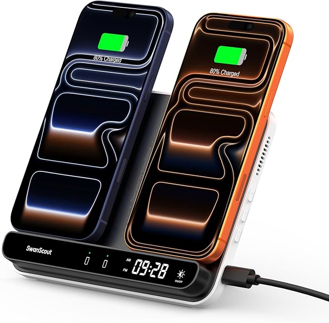 Dual Wireless Charger Stand, SwanScout 504, Foldable Wireless Charging Station Pad for iPhone 17/Air/16/15/ Series, Samsung Galaxy S25/S24/S23, Google Pixel 10/9/8, Android Phones, AirPods/Galaxy Buds