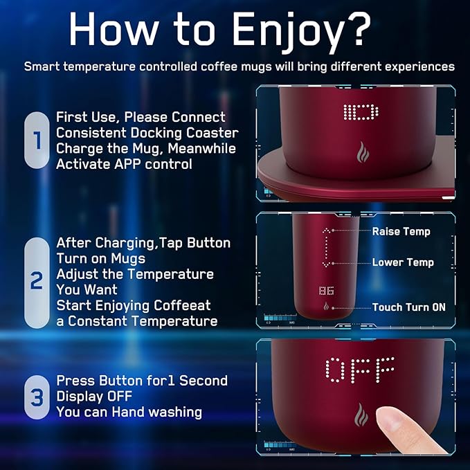 Temperature Control Heated Coffee Mug Smart Self Heating Travel Mug 12 Oz App Controlled Warmer Mug 4-10 Hour LED Display Keep Coffee Hot Fast Wireless Charger Base Rogue red