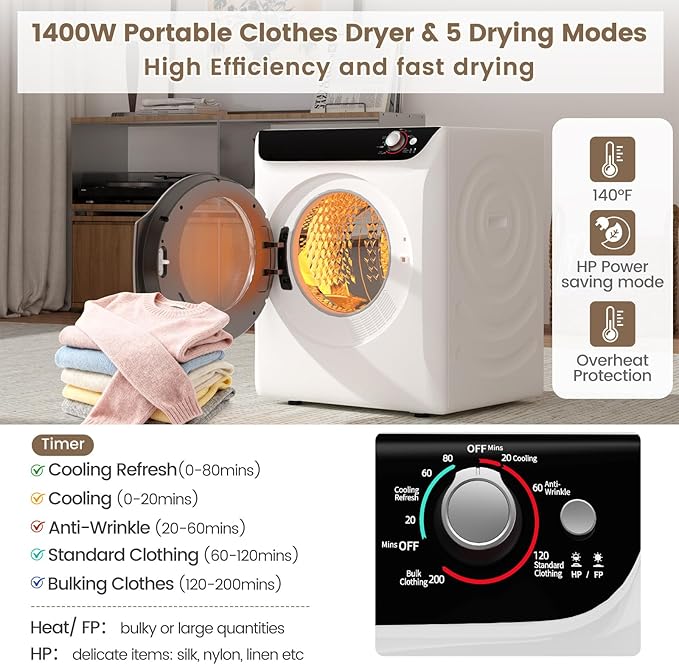 VCJ 2.6 cu.ft Portable Dryer, 1400W Electric Clothes Dryer with 5 Drying Modes & Stainless Steel Tub, Front Load Compact Dryer for Home, Apartment, Dorms