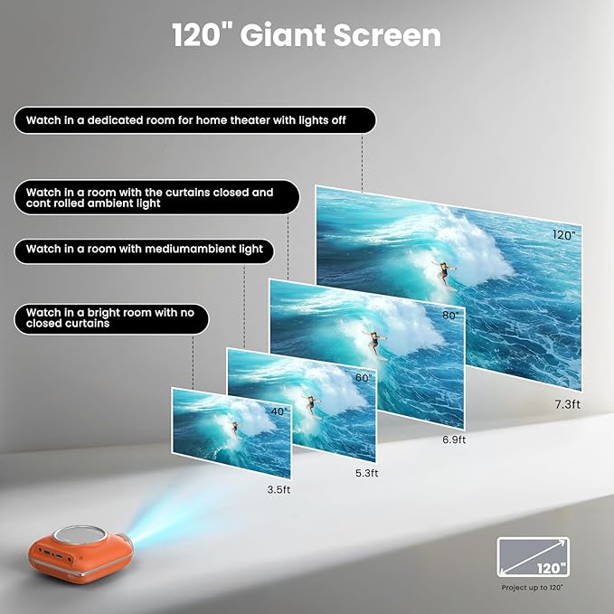 HOMPOW Mini Projector with Two -Way Bluetooth, Portable Projector for Home Theater Use, Support 1080P for Outdoor Projector/Movie Projector Compatible with HDMI, USB, Laptop, TV Stick (Orange)