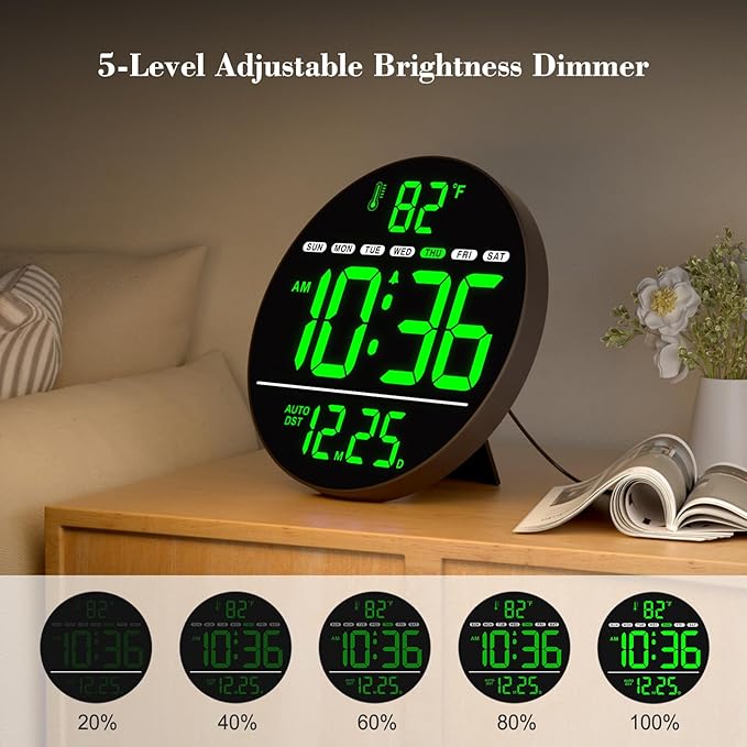 WallarGe Large Digital Wall Clock with LED Display, Electric Wall Clock with Temperature, Auto DST, Date, and Day, 5-Level Brightness for Office, Bedroom, Living Room, Classroom Décor