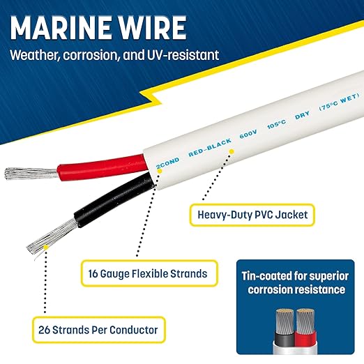 GS Power 200 Ft Duplex Marine Wire, 16 Gauge Wire, Oxygen-Free Tinned Copper 16 AWG Electrical Boat Wiring, Sheathed Copper Marine Grade Electrical Cable for Boat Automotive RV Camper Trailer