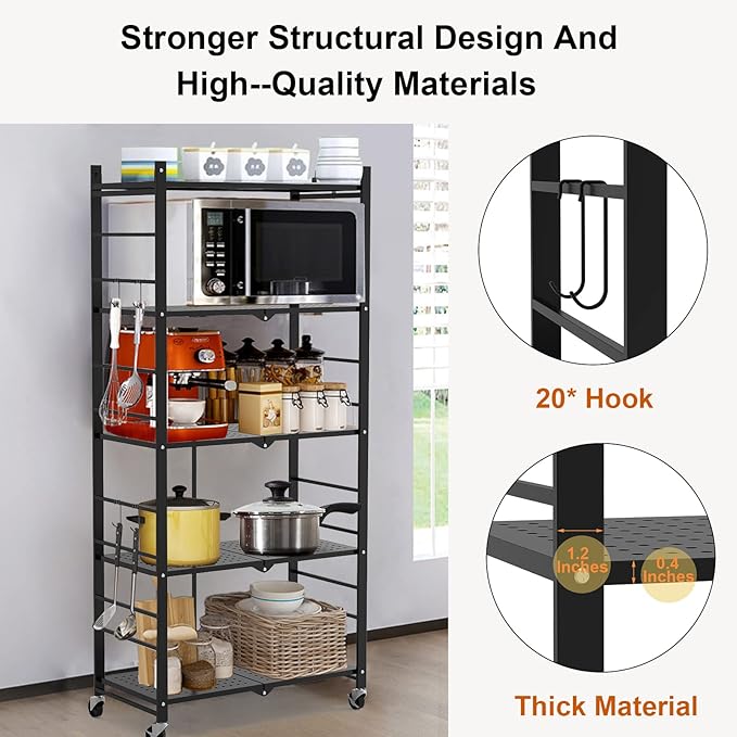 Himix Storage Shelves with 20 Hooks, 5-Tier Collapsible Organization Storage Rack Bookshelf Folding Pantry Shelves Cube Shelf Wire Shelving Holds 440 Ibs for Garage Kitchen Room, Black