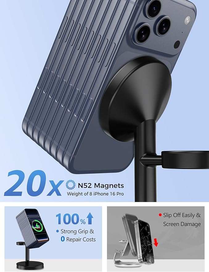 Aeinidi 2026 3 in 1 Wireless Charging Station Compatible with MagSafe Charger Stand, 15W Fast Magnetic Mag-Safe Charger for iPhone 17 16 15 14 13 12 Series Apple iWatch AirPods Pro 4 3 2, Black