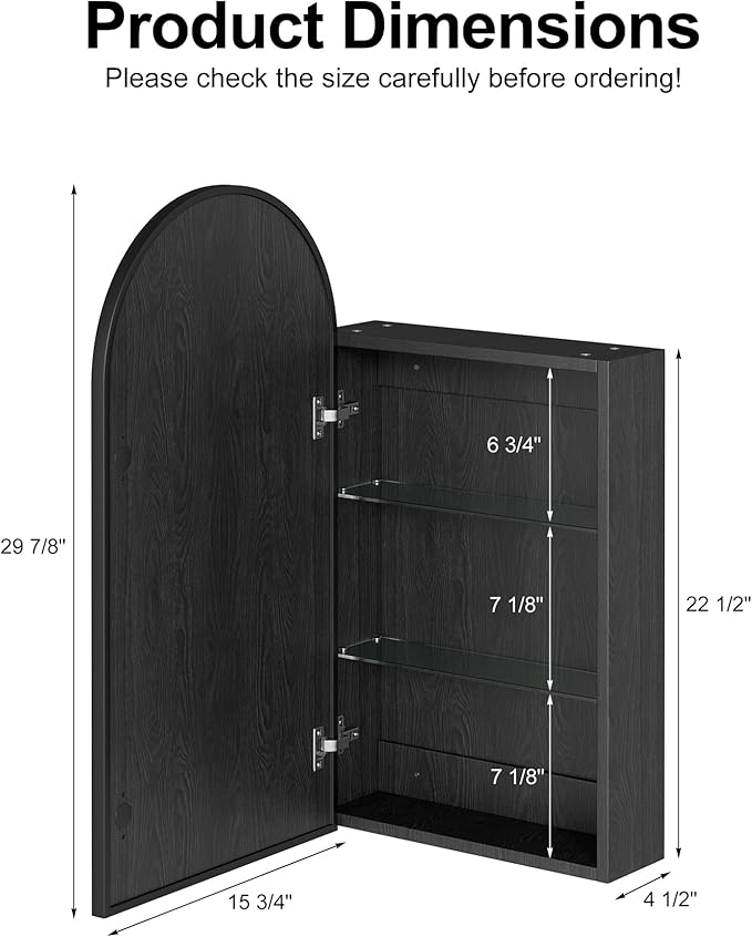 Arched Medicine Cabinet with Mirror, Brushed Black Wall Mounted Bathroom Mirror Cabinet, 3 Adjustable Shelves Storage, Reversible Door Opens Left to Right, Modern Metal Frame, 16 x 30 Inch