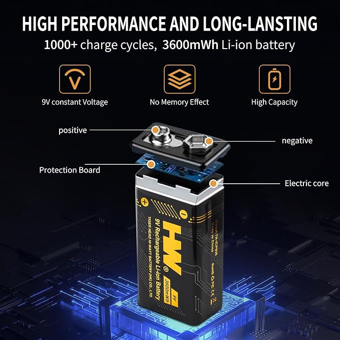 HW 9V Batteries， 3600mWh Rechargeable 9 Volt Battery - Image 2