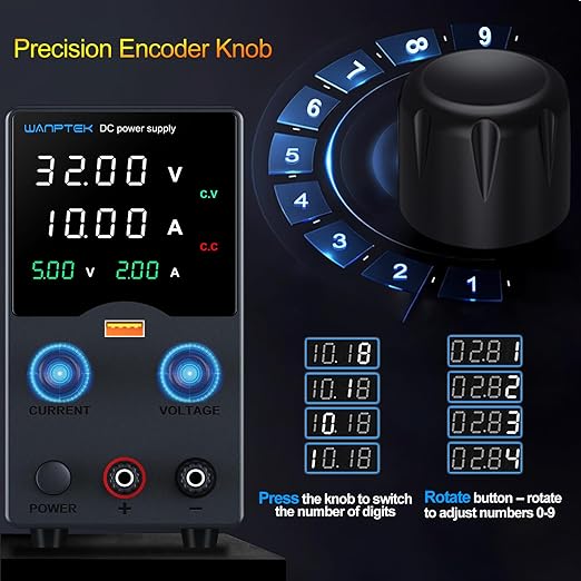 Wanptek DC Power Supply Variable 30V 10A, Bench Power Supplies with Encoder Adjustments Knob, USB Fast Charge Port with Output Current Display, 4-Digit LED Display