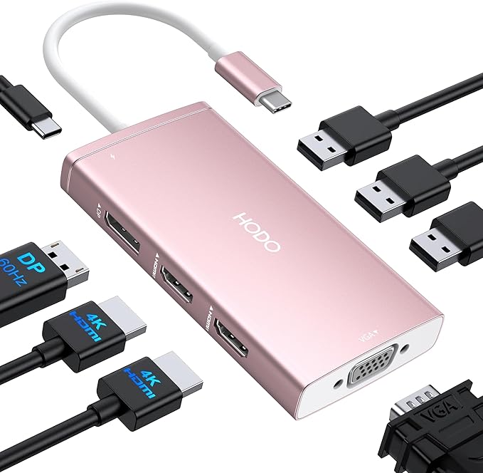 USB C Docking Station Dual Monitor Adapter for Dell HP, Laptop Docking Station 3 Monitors Quadruple Display USB C Hub Dongle to 4K HDMI+DisplayPort+VGA,3 USB2.0,100W PD, 8 in 1 Thunderbolt Dock