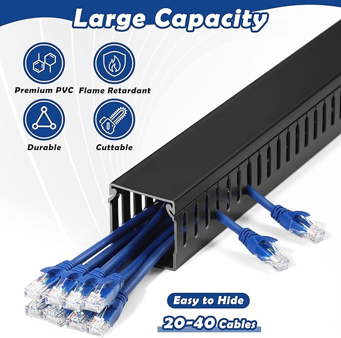 ZhiYo 2x2in Cable Raceway, 6.6ft (2xL3.3ft) Server Rack Cable Management Under Desk Cord Organizer, Electrical Safe PVC Cable Channel Open Slot Wire Raceway for Network/PC/TVs, Wire Duct Black