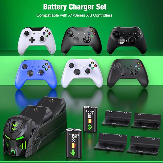 DINOSTRIKE Charger Station Compatible with Xbox Controllers, 2x5520mWh Rechargeable Battery Pack for Xbox One/Series X|S Controllers with Dual Charging Dock and 4 Covers (Controller Not Included)