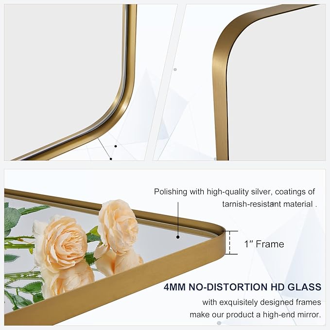 ANDY STAR 24x40 Inch Gold Bathroom Mirror, Stainless Steel Metal Frame with Rounded Corner, Rectangle Glass Panel Wall Mounted Mirror Decorative for Bathroom