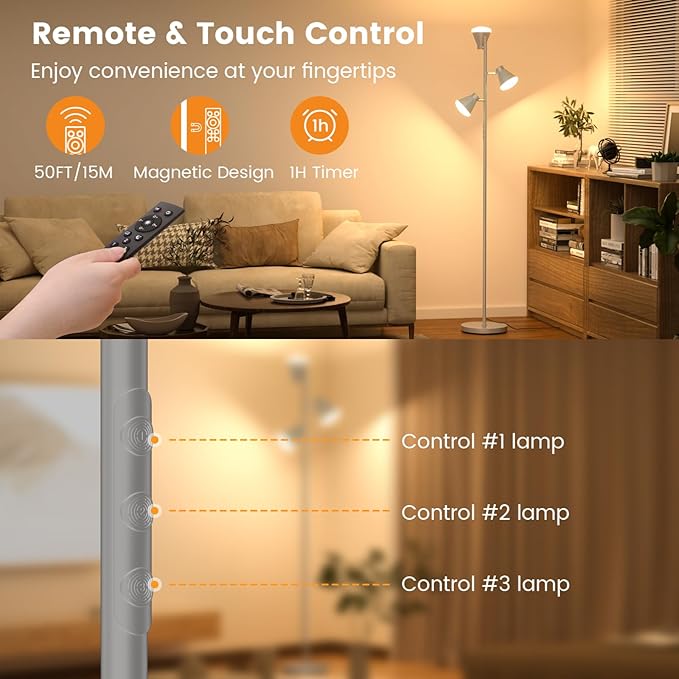 SIBRILLE 36W LED Tree Floor Lamp, Dimmable Tall Standing Lamp with Remote & Touch Control, 4 Color Temperatures Bright Floor Lamp, 3 Rotatable Light Modern Floor Lamps for Living Room Bedroom Office