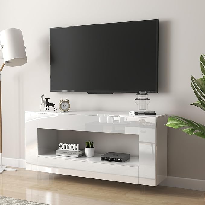 Vavkorkula High Gloss TV Stand for 65 Inch with 2 Large Drawers & Hidden Storage Cabinets, Modern Entertainment Center Television Stands for Living Room Bedroom, White