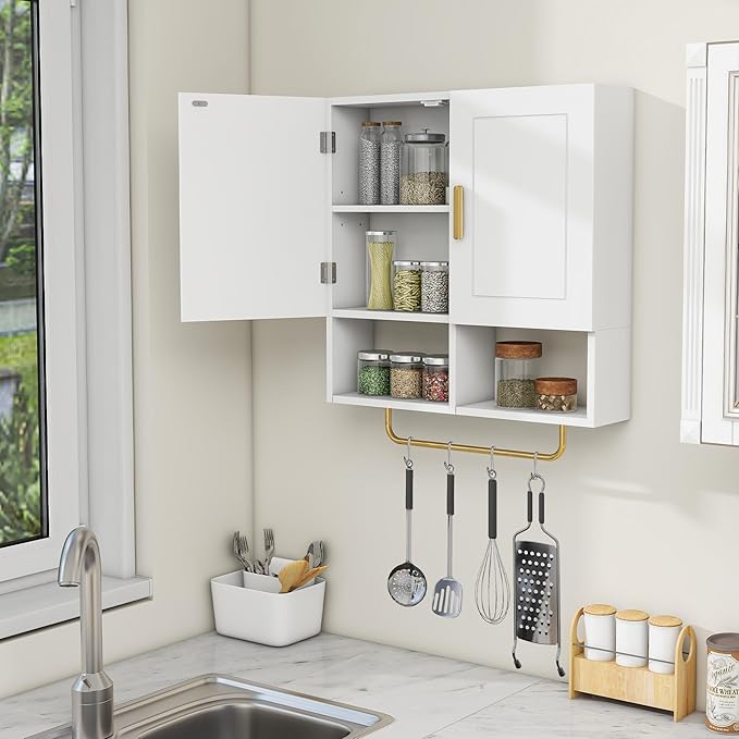 Wall Mounted Bathroom Storage Cabinet Medicine Cabinet with Adjustable Shelves & Towel Bar for Bathroom, Laundry Room, Bedroom, Enterway