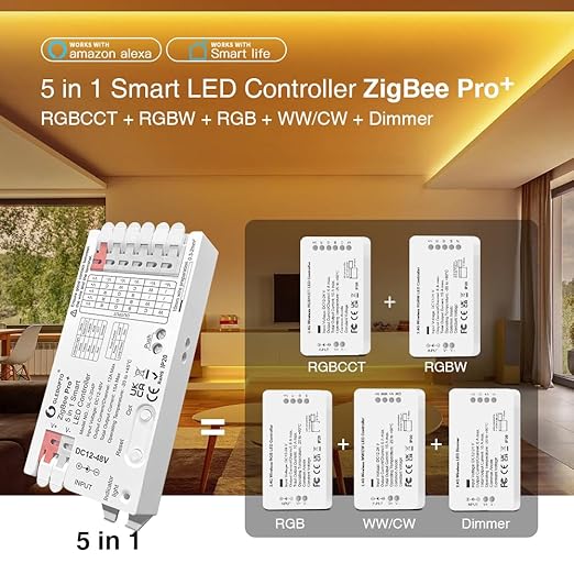 GLEDOPTO ZigBee3.0 LED Controller Pro Smart Home 5 in 1 RGBCCT RGBW RGB CCT WWCW Dimmer DC 12-48V 15A Max PWM Dimming Analog LED Strip Light Work with Hub Bridge Alexa Conbee etc (Hub Required)