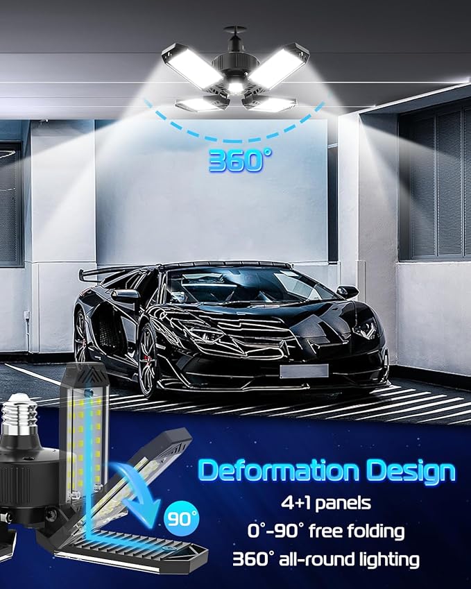 CHENGCHILIT LED Garage Light - 4 Pack 130W 13000LM Deformable 4+1 Panel LED Garage Ceiling Lights with Transformer, E26/27 Base, 6500K Daylight White Shop Lights for Factory, Storage Room, Warehouse