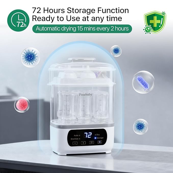 Freebaby Baby Bottle Steamer and Dryer,All-in-One Sterilizer and Dryer for All Baby Bottle,Bottle Sanitizer for Pacifiers&Breast Pump Parts, with LED Screen and Auto-Off