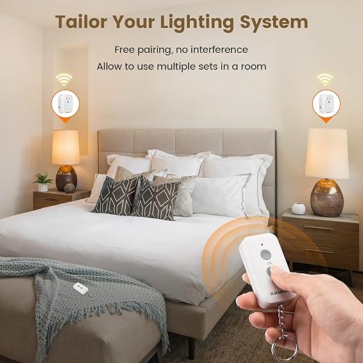 SURAIELEC Wireless Light Switch Remote Control Outlet, No Wiring Needed, 100ft RF Range, Pre-Programmed, Expandable Keychain Remote Switch Kit for Lamps, Fans, Christmas Trees, Small Appliances