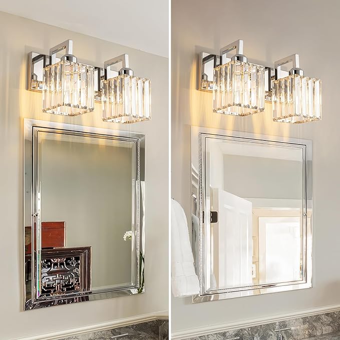 FDPBY Modern Bathroom Vanity Light 2-Lights Chrome Crystal Wall Lamp Bathroom Modern Crystal Vanity Lighting