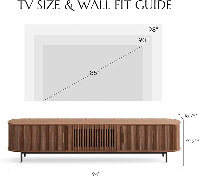 POVISON Fully-Assembled Mid Century Modern TV Stand for 75+ inch TV, Sliding Door Entertainment Center with Storage, Wood TV Console, Media Console for Living Room Bedroom(Walnut, 94.49")