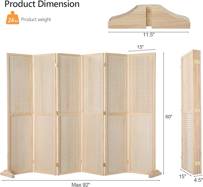 Bonnlo 4/6 Panel Pegboard Freestanding, 5 FT Portable Display Board Organizer for Craft Show Jewelry, Wooden Folding Privacy Screen Room Divider (Natural, 6 Panel with Base)