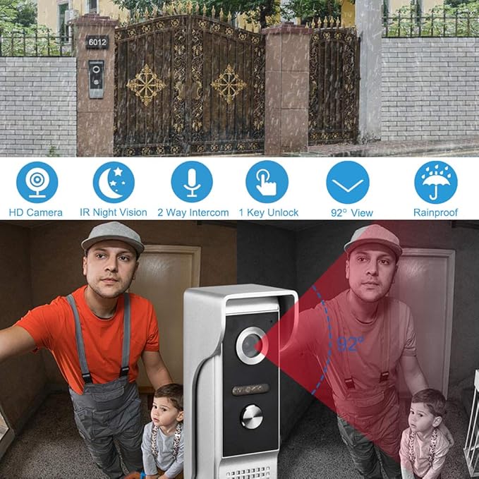AMOCAM Video Intercom System, 7 Inches Monitor Wired Video Door Phone Doorbell Kits, Indoor Outdoor IR Camera Support Unlock, Monitoring, Dual-Way Intercom for Villa House Office Apartment