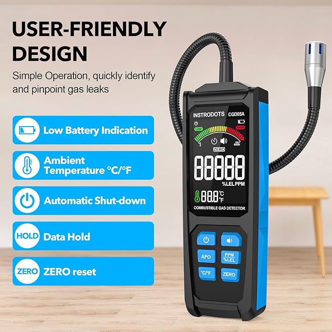 INSTRODOTS Natural Gas Detector, Gas Leak Detector with Audible & Visual Alarm, Rechargeable Gas Sniffer with 11.3-inch Gooseneck, Locating Propane, Natural Gas, Combustible Gas Leak for Home and RV