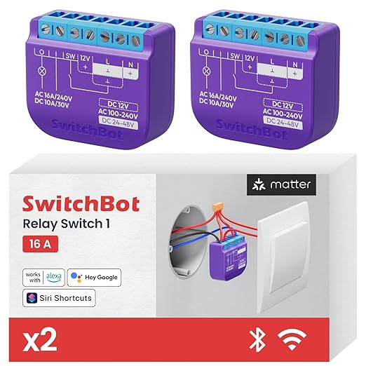 SwitchBot WiFi Switch 1 (Pack of 2) Compatible with Alexa/Apple Home/Google Home, Power Measuring Relay Switch Module with Built-in Bluetooth Repeater and Dry Contact, Wi-Fi 2.4 GHz, 16A