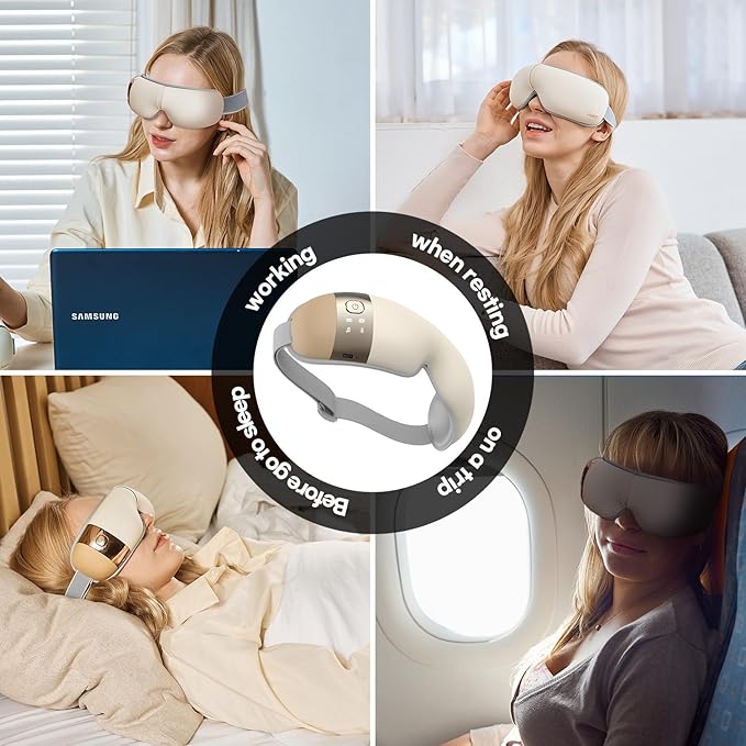 HubiCare Eye Massager with Heat, Vibration, and Music Helps Relieve Strain, Dark Circles, Dryness, and for Migraine Relief Relaxation and Better Sleep Valentines Day Gifts for Women/Men (Beige)