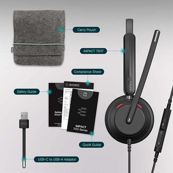 EPOS Impact 730T Mono Wired USB C and USB A Headset for PC with Noise-Canceling Mic, Microsoft Teams Certified, in-Line Controls, Comfortable Fit, Ideal for Office Calls, Remote & Hybrid Work