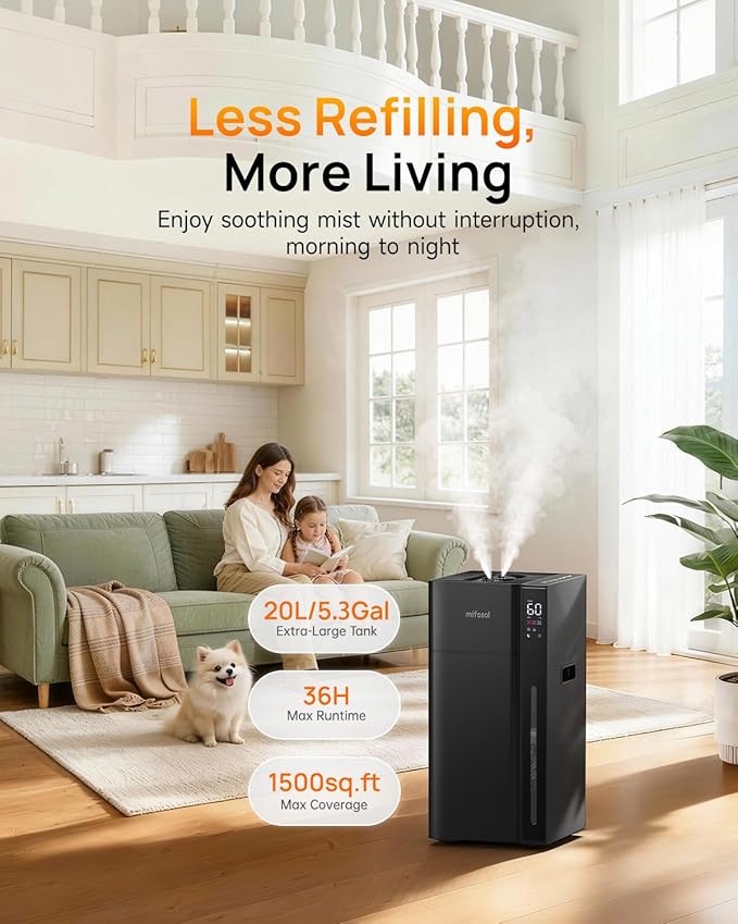 Mifasol Humidifier Large Room, 5.3Gal/20L Warm & Cool Mist Humidifiers for Home 1500 sq ft, Whole House Humidifier, Humidifiers for Bedroom Home Plants Office Large Areas, Black