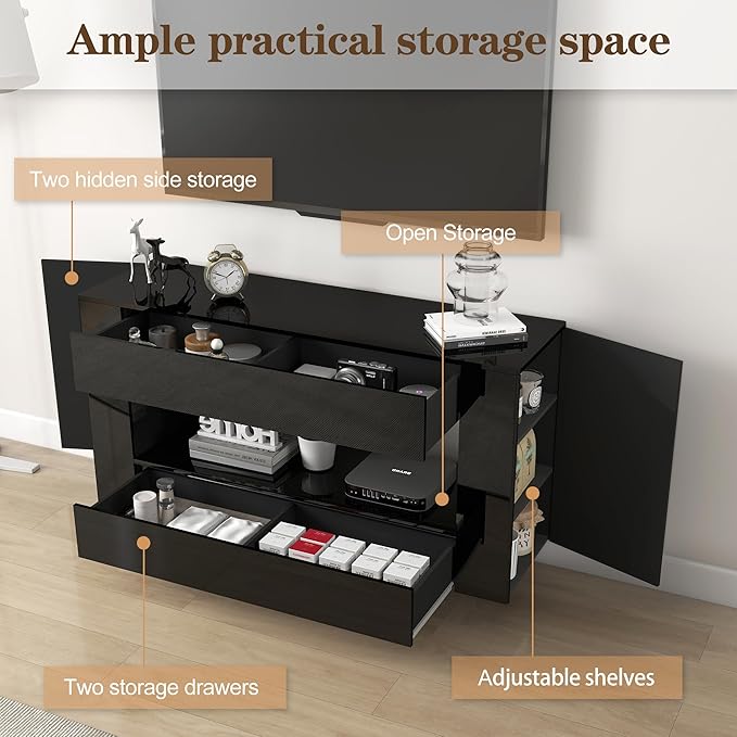 Vavkorkula High Gloss TV Stand for 55 Inch with 2 Large Drawers & Hidden Storage Cabinets, Modern Entertainment Center Television Stands for Living Room Bedroom, Black