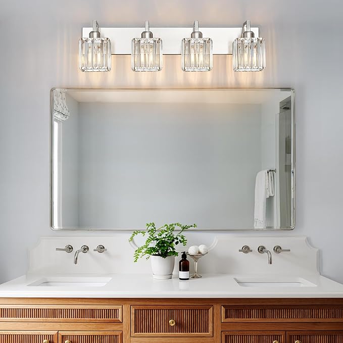 FDPBY Modern Bathroom Vanity Light 4-Lights Brushed Nickel Vanity Light Crystal Wall Light Bathroom Light Fixtures