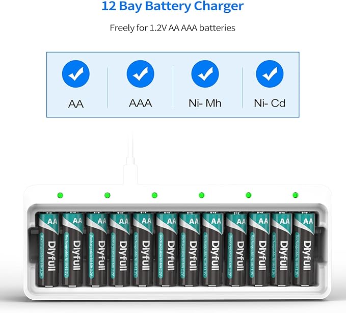 Dlyfull 12 Bay AA AAA Battery Charger, USB and Type-C Selectable High-Speeding Charging for Ni-MH Ni-CD Rechargeable Batteries, USB Cable Included