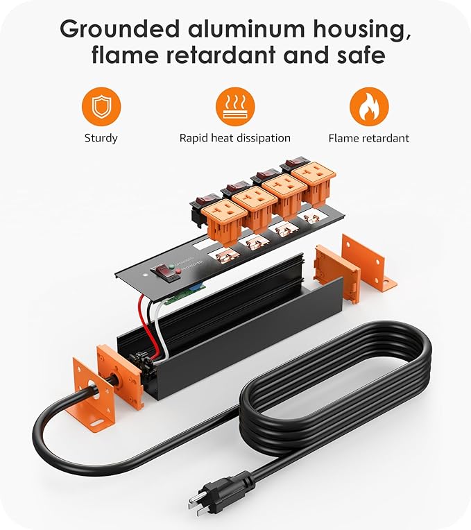 CCCEI Heavy Duty Surge Protector Power Strip 20 Amp Individual Switches. 6FT 12 Gauge Extension Cord with Multiple Outlets. Kitchen, Garage, Shop, Industrial Wall Mount Electric Extender, Orange.