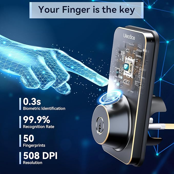 Ulecoce Fingerprint Keypad Deadbolt with Handle Set, Keyless Entry Door Lock, Door Locks for Front Door Lock Set, App Control, Auto Locking, Easy to Install, Oil Rubbed Bronze